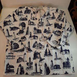 Vtg Michigan RAG CO Navy White Famous Lighthouses Canvas Hoodie Jacket Large